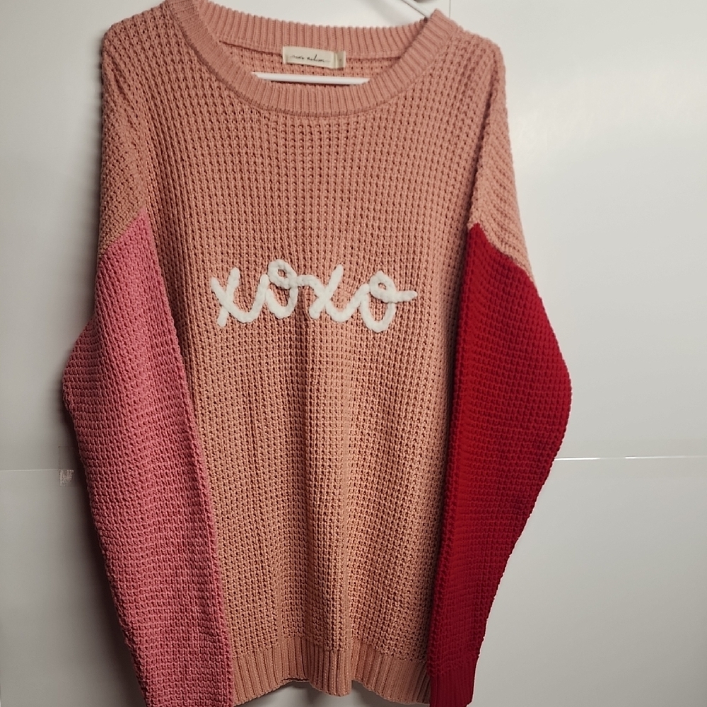 Nora Madison XOXO Day Pink, Salmon & Red Crew Neck Sweater Cozy Sz L